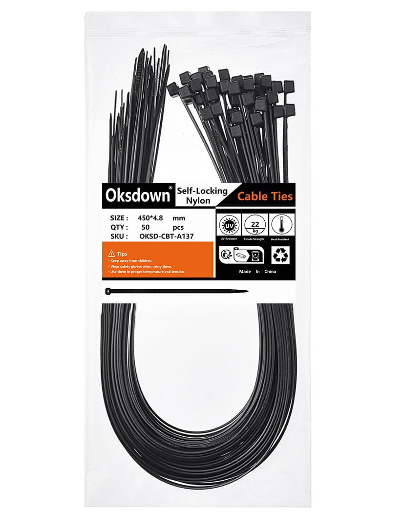 Oksdown Cable Ties 450mm×4.8mm Black Thick Heavy Duty Large Strong Nylon Plastic Self Locking 18 inch/45 cm Extra Long Zip Tie Wraps, 50 Pack