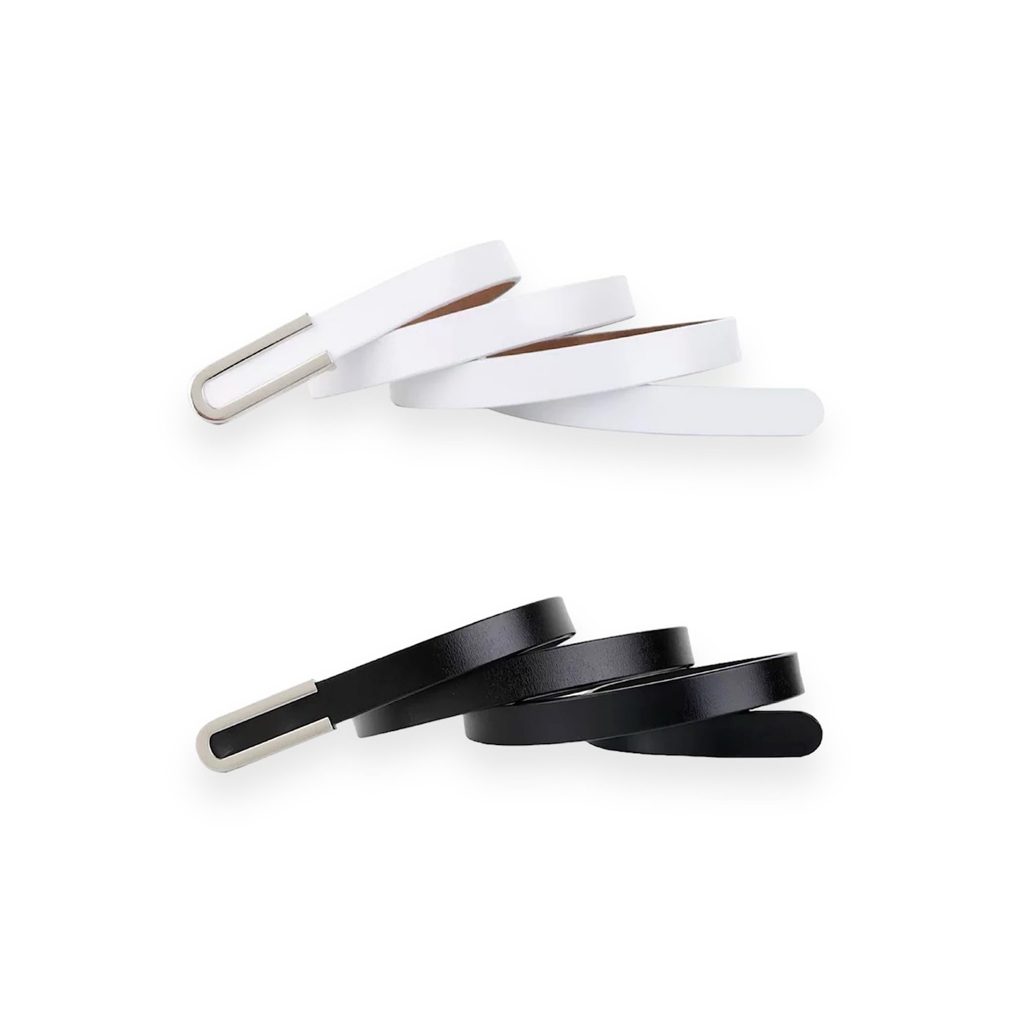 Photo 1 of ***(PARTIAL SET/ ONLY THE WHITE BELT)***Women's Belt Fashion Skinny Slim Soft Genuine Leather Belts Waistband Thin Waist Belt Silver Chrome Color Alloy Buckle, 2-Pack, Black & White, For Waist 28"- 34", Women Size S-M, 4-6