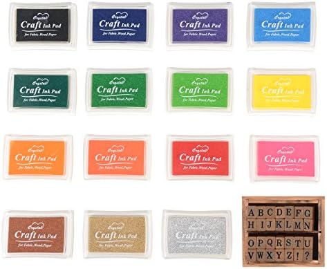 Stamp Ink Pads Set, TopTops 15 Colors Craft Ink Pad Stamps Partner for Paper Wood Fabric with 28PCS Vintage Wooden Rubber Uppercase Alphabet Stamps for Kids DIY Craft Card Making Scrapbooking Supplies