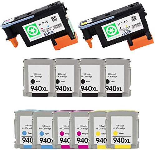 ESTON 2 x Replacement for 940 Print Head C4900A C4901A and 10 Pack (BK C M Y) 940XL High Yield Ink Cartridge for Officejet pro 8000 8500 8500a