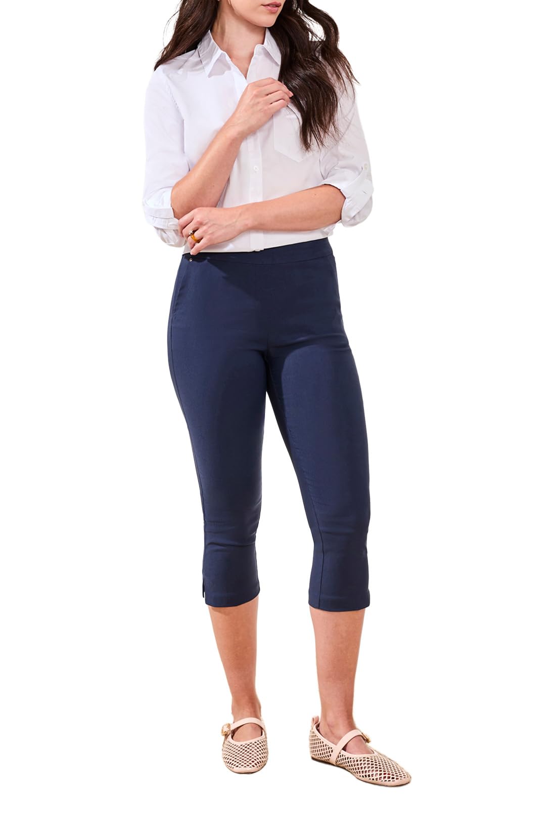 Tribal Women’s Pull On Capri Pants with Flatten It Tummy Control, Deepblue, 0