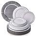 Silver Spoons MODERN ELEGANT DISPOSABLE 60 PC DINNERWARE SET | Heavy Duty Plastic Dishes | 20 Chargers | 20 Dinner Plates | 20 Salad Plates | for Upscale Wedding and Dining | Silver Glare Collection (White/Silver)