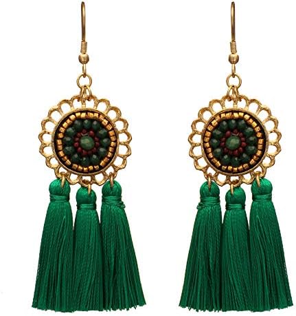 El Allure Preciosa Jablonex Seed Bead Dark Green, Brown and Rose Gold Daydreamer Thread Tassel Fringe Drop Trendy Fashion Handmade Earring for Women.