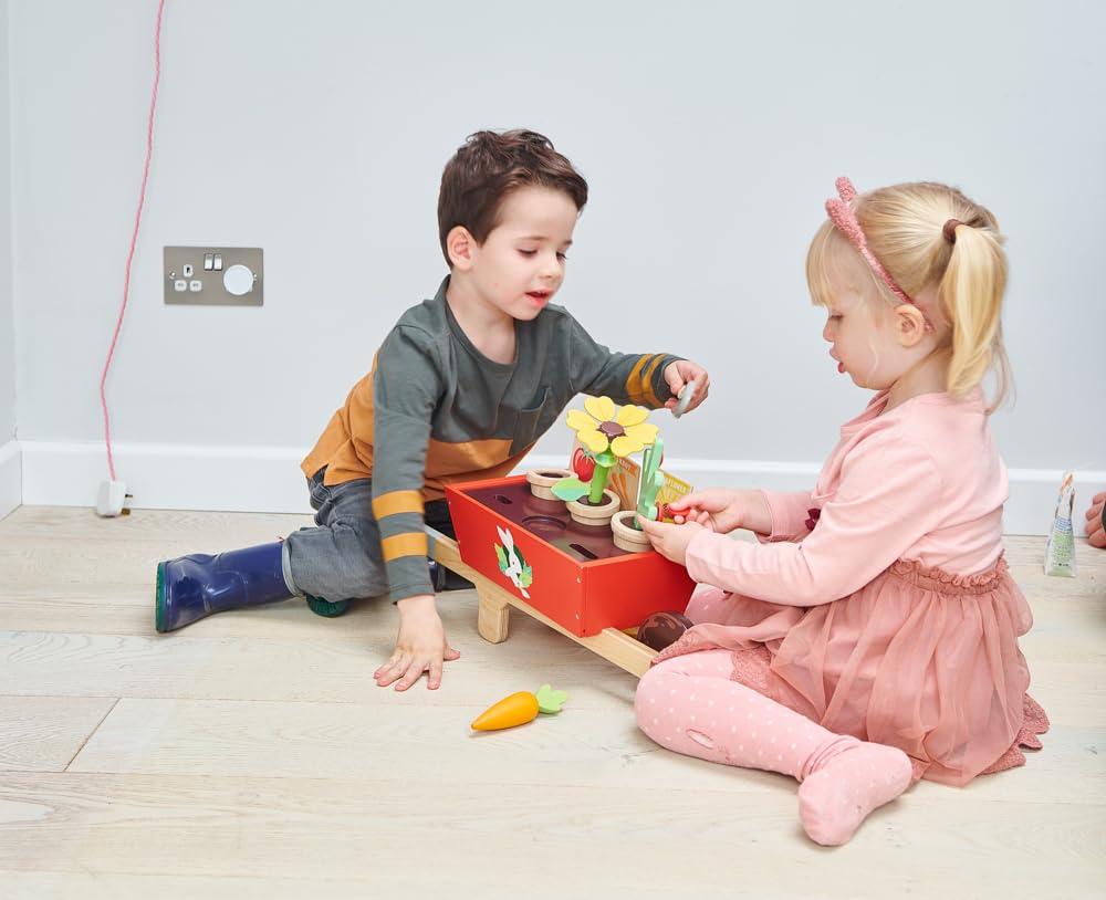 Tender Leaf Toys - Garden Wheelbarrow Set - Deluxe Garden Pretend Play Wooden Toy Set for Gardening - Educational, Creative and Imaginative Fun in Garden for Children 3+