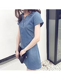 iLUGU - Mini vestido para mujer, manga corta, cuello redondo, botones, vaquero, talla grande, coreano, listo para cenar, sexy para la noche