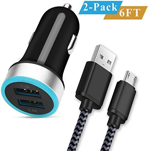 Micro USB Car Charger, WITPRO Dual Port 2.4A Car Charger Adapter with 6Ft Braided Android Charging Cable for Samsung Galaxy S7/S6 Edge, J3 J7, Note 4/5, LG G3 G4 V10, Moto G, HTC, More -Black