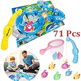 iBaseToy Fishing Game Toys for Toddlers, Colorful Floating Bath Toys with Water Track, Fishes, 2 Fish Poles and More - Bathtub, Yard or Pool Party Fish Toy Game Set for Kids Boys Girls