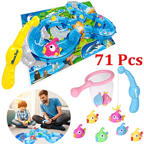 iBaseToy Fishing Game Toys for Toddlers, Colorful Floating Bath Toys with Water Track, Fishes, 2 Fish Poles and More - Bathtub, Yard or Pool Party Fish Toy Game Set for Kids Boys Girls