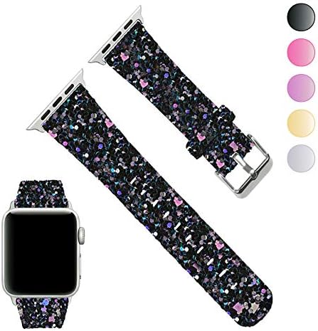 Seoaura Compatible Apple Watch Leather Band 38mm 40mm Woman, Bling Glitter Strap Replacement iWatch Series 5 4 3 2 1 Sport Edition (Black, 38mm/40mm)