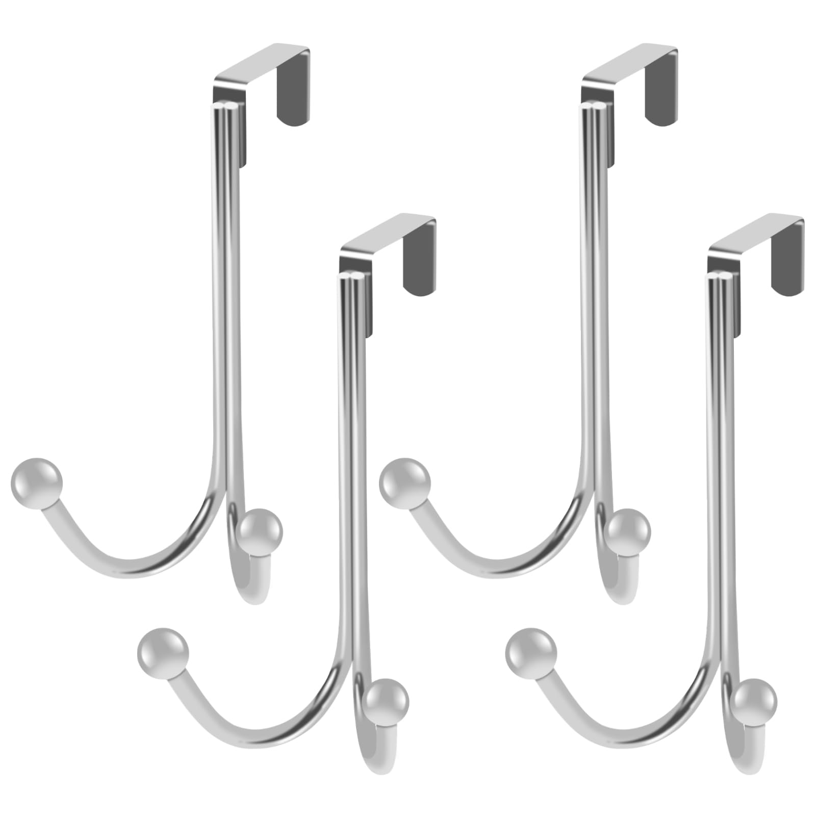 Over Door Hangers, 4 Pack Heavy Duty Stainless Steel Over Door Hooks Silver Vintage Coat Towel Shower Hooks Double Hanging Storage Rack for Hat Bag Jacket
