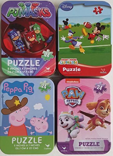 4 Collectible Girls/Boys Mini Jigsaw Puzzles in Travel Tin Cases: Nickelodeon Disney Kids Paw Patrol, Mickey Mouse, Peppa Pig, and PJ Masks Gift Set Bundle