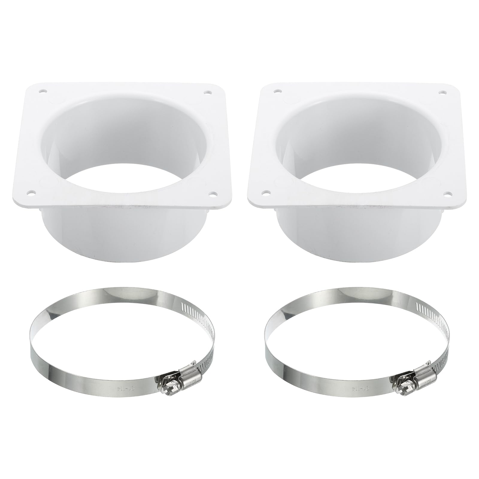PATIKIL 4" Duct Connector Flange, 2 Pack Dryer Vent Wall Plate Square to Round Straight with Clamp for Air Heating Cooling Ventilation Exhaust Fan, White