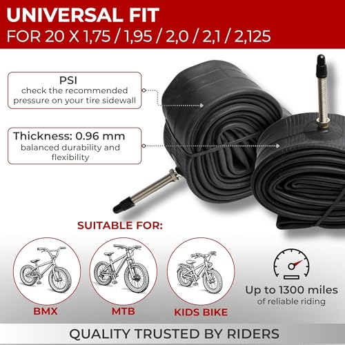 Fincci 20 BMX Inner Tubes - Pair of Inner Tubes Road Bike 20 x 1.75 x 1.95 x 2.1 Inch for BMX, Road Bike, Hybrid Bicycles - Presta Inner Valve 48mm - Pack of 2