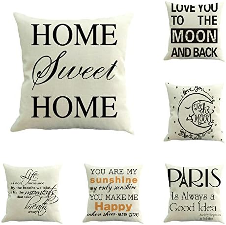 6Pack Black White Letters Cotton Linen Square Throw Pillow Cover Cushion Cases For Home Sofa Bedroom 18x18 inches