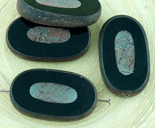 2pcs Matte Metallic Light Bronze Luster Large Flat Oval Table Cut Carved Czech Glass Beads 26mm x 15mm
