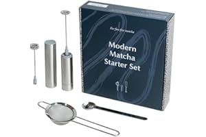 Naoki Matcha Modern Matcha Starter Set - Electric Matcha Whisk and Milk Frother with Single and Double Frother Head, Stainless Steel Spoon, Stainless Steel Sifter