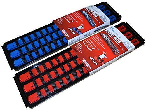 MLTOOLS Socket Organizer | Holds 90 Sockets | Twist Lock Socket Rail with Tray | Multi-Drive Universal Socket Boss Rail Set | Made in USA | T8252 (Blue & Red) - Thumbnail 3