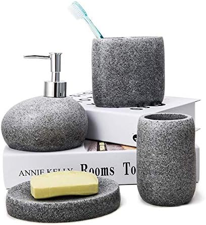 Bigger Decor Advanced Resin Simple Modern Bathroom Accessory Set, Matte Texture, Full Set Includes 1 Tumbler, 1 Toothbrush Holder, 1 soap Dish and 1 Soap Dispenser (Grey(Ball))