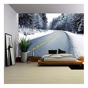 Empty Country Road in Snowy Forest in Winter - Removable Wall Mural | Self-Adhesive Large Wallpaper - 66x96 inches
