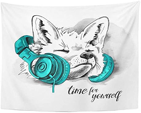 SSKBJTBDW Cool Fox in Green Headphones Neck Animal Audio Tapestry Soft Polyester Cotton Appropriate Size Nice Wall Hanging Decoration