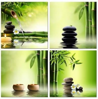 Pyradecor Modern 4 Panel Stretched And Framed Contemporary Zen Giclee Canvas Prints Perfect Bamboo Green Pictures On Canvas Wall Art For Home Office Decorations Living Room Bedroom
