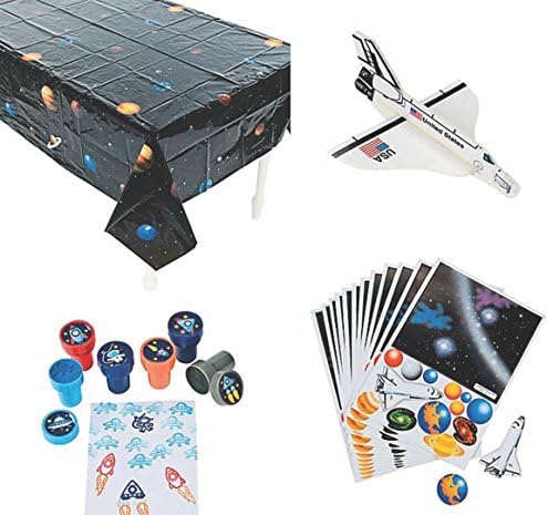 Outer Space Party Supplies Favor Pack for 12: 24 Space Stampers, 12 Create Your Own Space Scenes, 12 Space Shuttle Gliders, and 1 Space Plastic Tablecloth