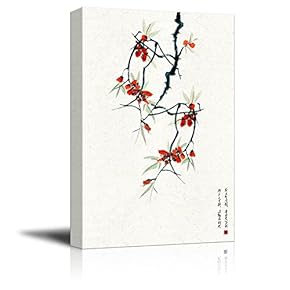 Canvas Wall Art - Chinese Ink Painting Style Red Flowers on Branch - Giclee Print Gallery Wrap Modern Home Art Ready to Hang - 12x18 inches