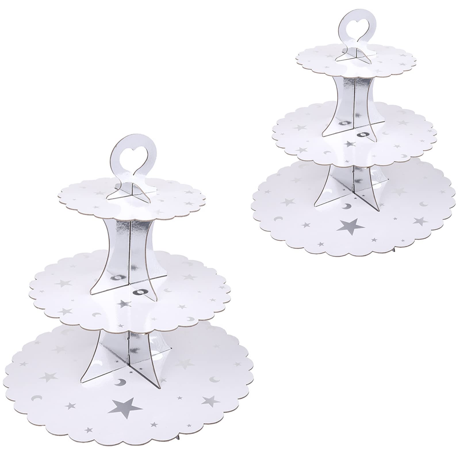KINMRIS 2 Pack Cupcake Stand 3-Tier Lace Edge Dessert Stand, Silver Moon Star Cardboard Cupcake Stand, Birthday Party SUPPLIES TIER 3 Tier