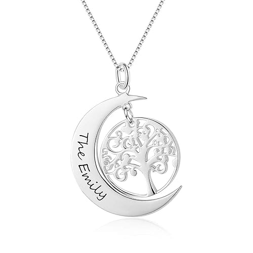 Lebensbaum Namenskette 925 Sterling Silber, Baum Kette mit Gravur, Familien Stammbaumkette Mond Gravur