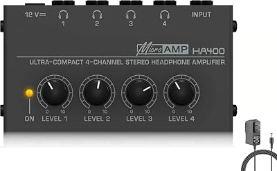 HSCLPM Headphone Amplifier, HA400 4-Channel Metal Stereo Audio Amplifier, Mini Earphone Splitter with DC 12V Power Adapter, HA400d1 for Sound Mixer PC Guitar Studio Stage