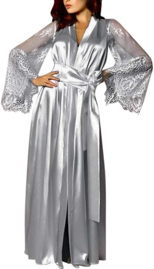 Women Long Nightdress Satin Silk Lace Lingerie Nightgown Sleepwear Sexy Robe Chemises Dress Solid Color