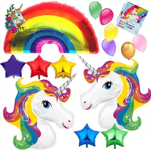 Washunga Fun Huge Unicorn Rainbow Star Mylar Latex Happy Birthday Balloon Decorations Bundle with 8 Party Invitations and Temporary Tattoo