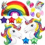 HUGE Unicorn Rainbow Star Mylar Latex Happy Birthday Balloon decorations Bundle with 8 Party Invitations and temporary tattoo