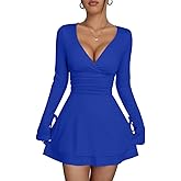 XXTAXN Women's Sexy Wrap V Neck Long Sleeve Flowy Hem A Line Ruched Waist Corest Mini Dress