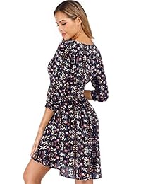 MIUSWN Vestido de playa con cuello en V y estampado floral, manga 3 4, para mujer