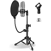 Mic Stand Desk, Table Mic Tripod Desktop Mic Stand Height Adjustable Small Microphone Stand for Desk with Pop Filter Shock Mount Mic Clip 1/4" to 5/8" Adapter for Blue Yeti Snowball