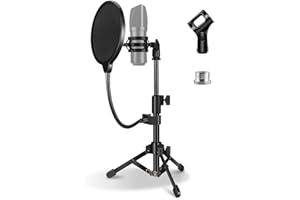 JCWINY Mic Stand Desk, Table Mic Tripod Desktop Mic Stand Height Adjustable Small Microphone Stand for Desk with Pop Filter Shock Mount Mic Clip 1/4" to 5/8" Adapter for Blue Yeti Snowball