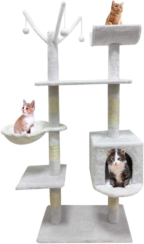 ALTERDJ Cat Tree Stable Structure Scratching Post Scratcher Kitten Tree Activity Cat Climbing Jumping Frame Kitten Toy Scratcher Tree Bed House (153-White)