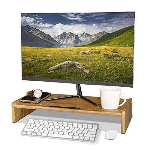 Crestlive Products Bamboo Wood Monitor Stand with Desktop Bookshelf, Ergonomic Computer Riser, Office Desk Laptop Cellphone TV Printer Desktop Container, Natural
