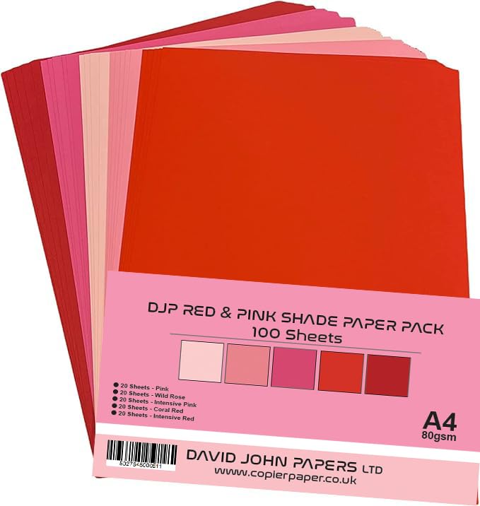 DJP 80GM Red & Pink Shade Tint Paper Pack - 5 Colours, 100 Sheets - 20 Each Colour