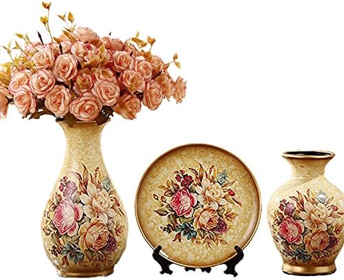 Porcelain Ceramic 3 piece set Vases living room home furnishing decoration wedding gift flower jardiniere flowerpot V35 (4 Golden with 4 Bouquets)