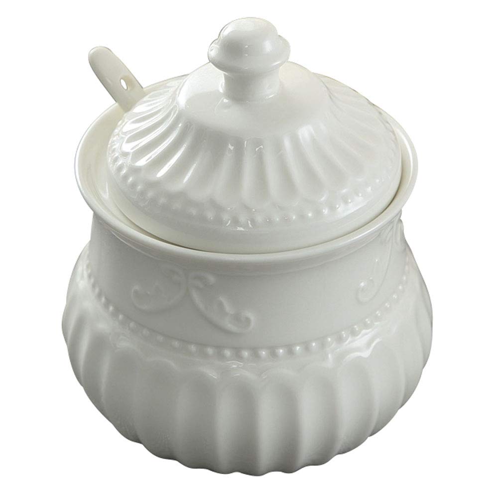 TAMUME Porcelain Sugar Bowl with Knobbed Lid, French Country Cottage Style with Embossed Motif (Sugar)