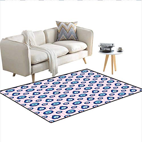 Floor Mat,Protective Turkish Bead Figures in Different Shapes Checkered Backdrop,Rugs for Bedroom,Pale Pink Blue White 36"x48"