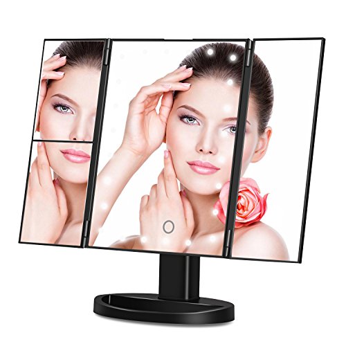 Amzdeal Makeup Vanity Mirror with 1X 2X 3X Magnifiers 24 Led Lighted Tri Fold Makeup Mirror 180 Degree Rotatable Countertop Bathroom Cosmetic Mirror, Black - Thumbnail 5