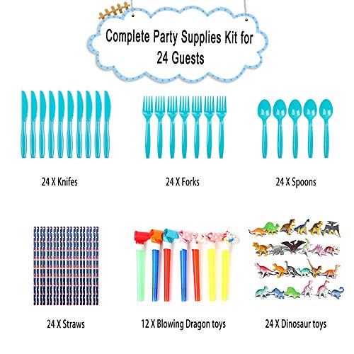 Dinosaur Party Supplies, Complete Party Supplies for Boys and Girls Including Plates, Cups, Napkins, Tablecloth, Banner, Dinosaur Toys, Blowing Dinosaurs, Spoons, Forks and Knives, Serves 24