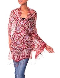 NOVICA Seda 100% del batik Chal Wrap con impresión floral, "Jardín de vino rojo (largo)
