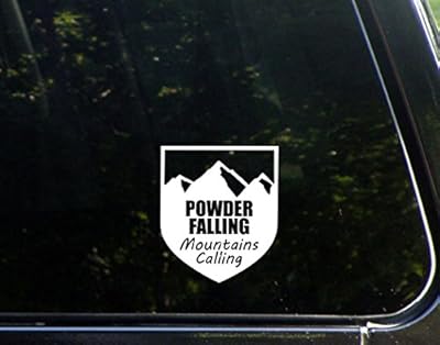 Powder Falling Mountains Calling - 3 3/4"x 4 1/2" - Vinyl Die Cut Decal / Bumper Sticker For Windows, Trucks, Cars, Laptops, Macbooks, Etc.