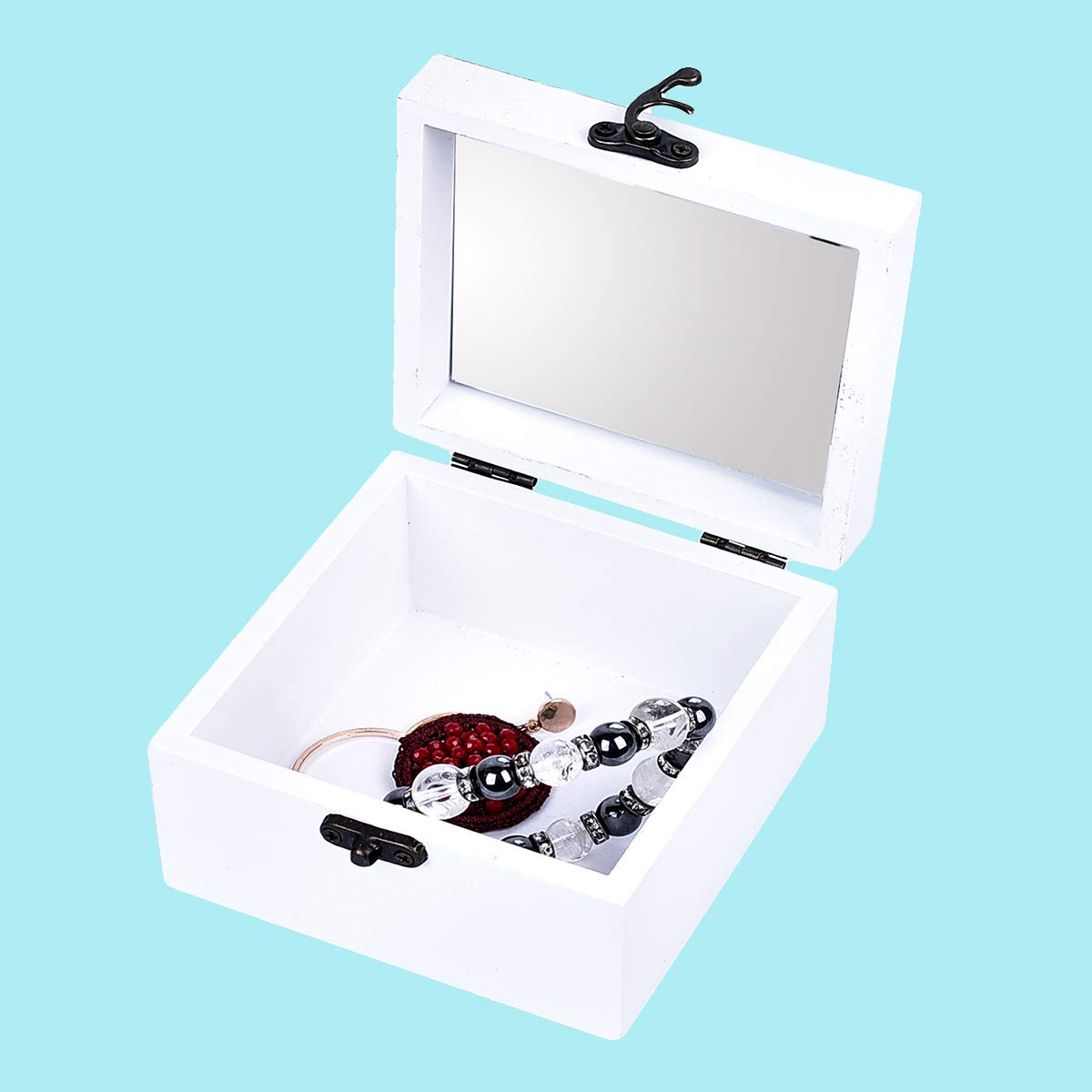 Wooden Jewelry Organizer, White Jewelry Box Storage Case with Mirror for Necklaces, Watches, Bracelets, Earrings, 4.3 x 4.3 x 2.9 inches (Style A)