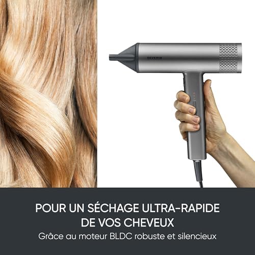 Seche cheveux performant avec moteur BLDC et technologie ionique, Sèche cheveux avec diffuseur et concentrateur magnétiques, sèche-cheveux puissant 2 000 W, Gris, HT 0171