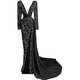 Long Sleeves Sparkly Sequins Prom Dress Women's Deep V Neck Mermaid Long Ball Celebrity Gala Pageant Evening Party Gown
